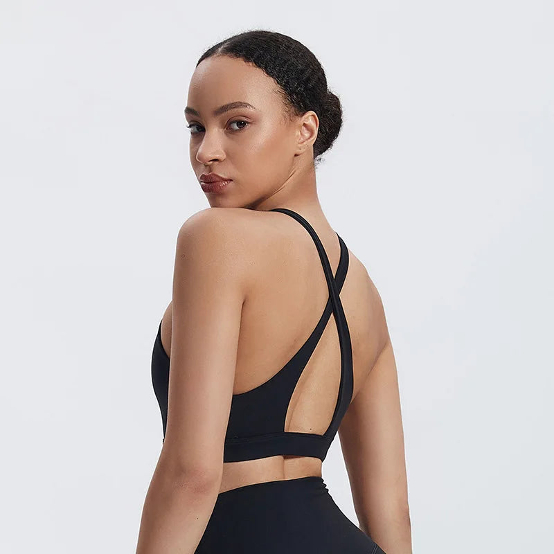 High neck push up nylon yoga training bra with back cross - product image
