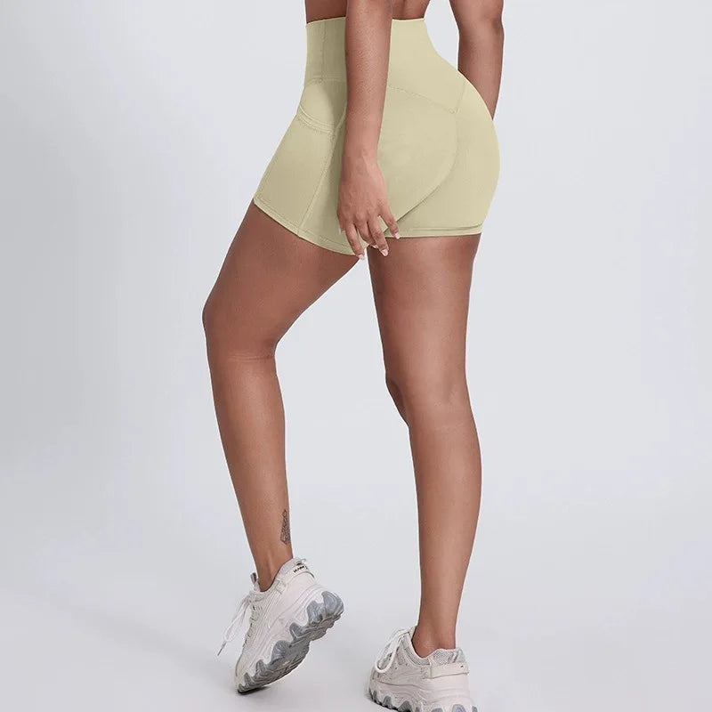High-waisted nylon knit yoga shorts with welt pockets in multiple colors and sizes - product image