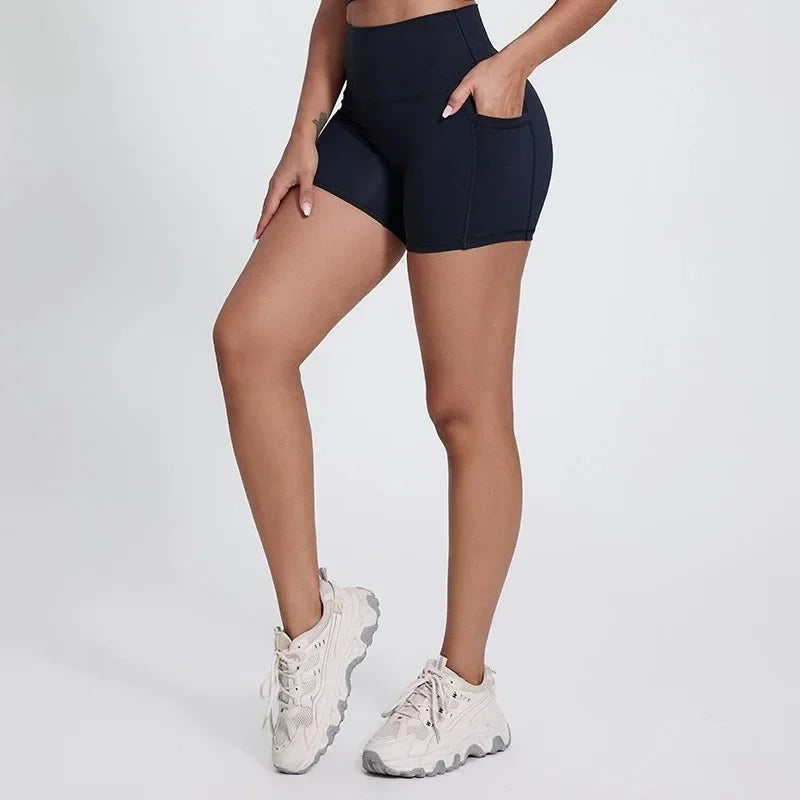 High-waisted nylon knit yoga shorts with welt pockets in multiple colors and sizes - product image