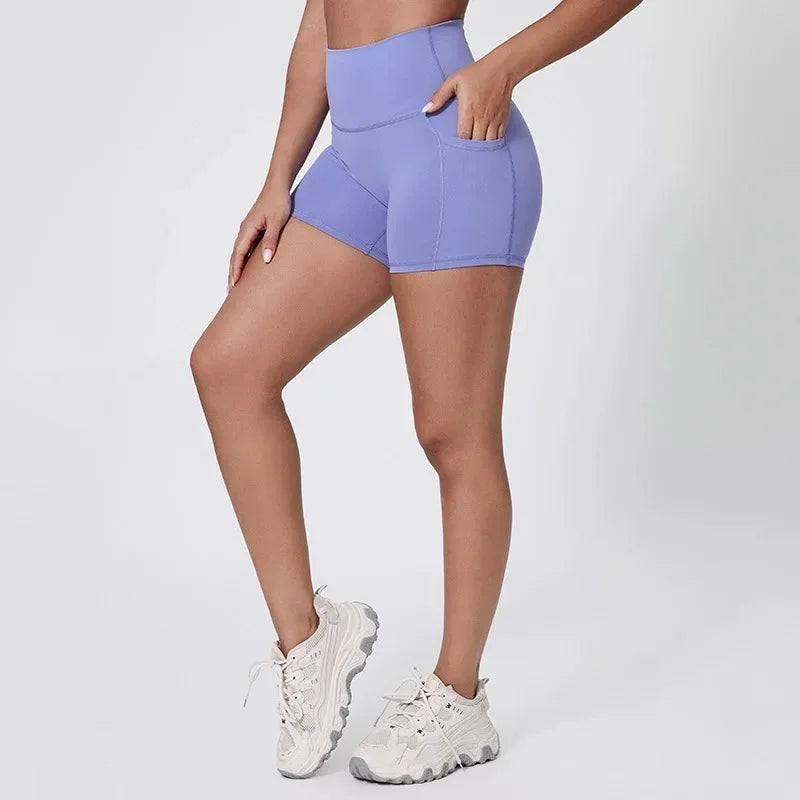 High-waisted nylon knit yoga shorts with welt pockets in multiple colors and sizes - product image