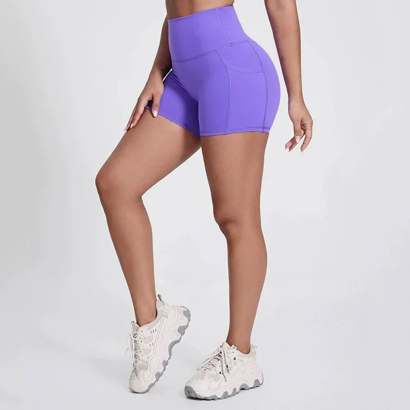 High-waisted nylon knit yoga shorts with welt pockets in multiple colors and sizes - product image