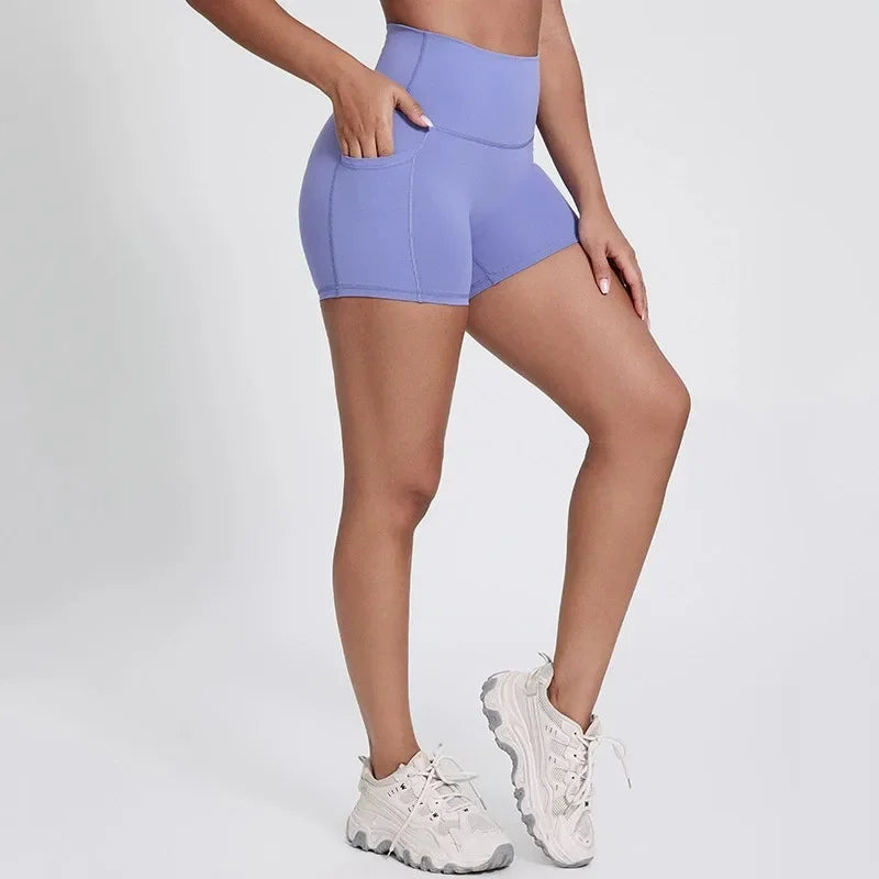 High-waisted nylon knit yoga shorts with welt pockets in multiple colors and sizes - product image