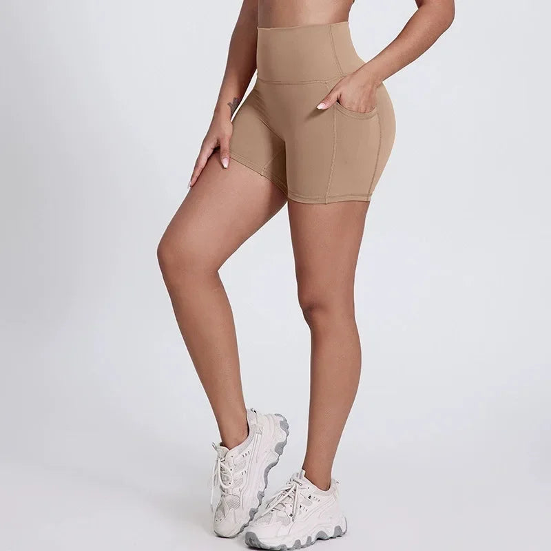 High-waisted nylon knit yoga shorts with welt pockets in multiple colors and sizes - product image