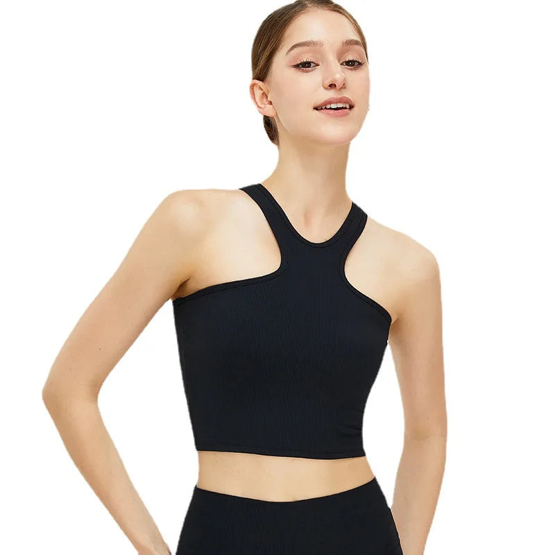 Nylon halter neck knit yoga vest with butterfly back design - product image