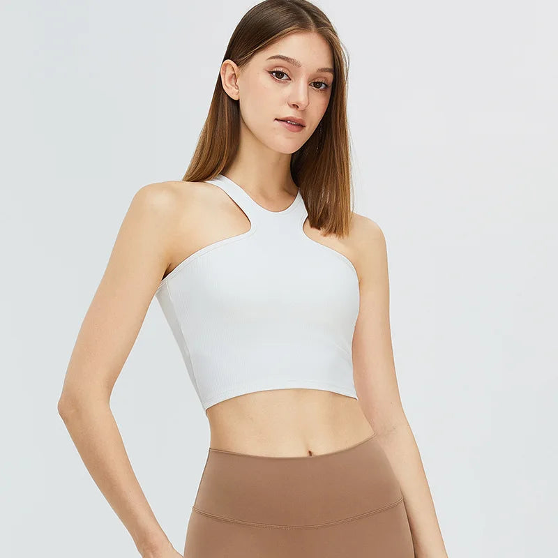Nylon halter neck knit yoga vest with butterfly back design - product image