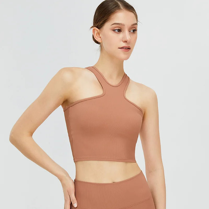 Nylon halter neck knit yoga vest with butterfly back design - product image