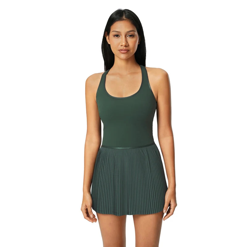 Nylon knit pleated sleeveless racerback tennis dress with built-in shorts and bra - product image