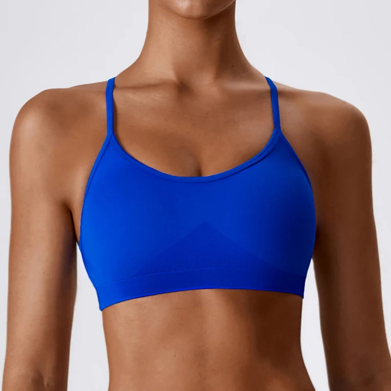 Nylon knit seamless backless strappy padded sports bra crop tank top women's - product image
