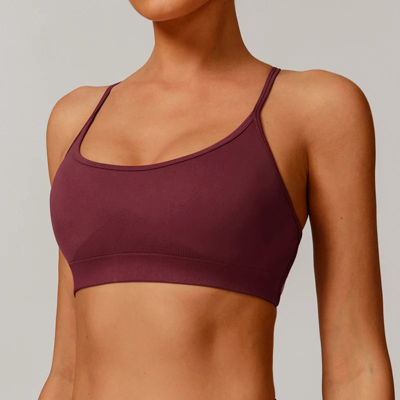 Nylon knit seamless backless strappy padded sports bra crop tank top women's - product image