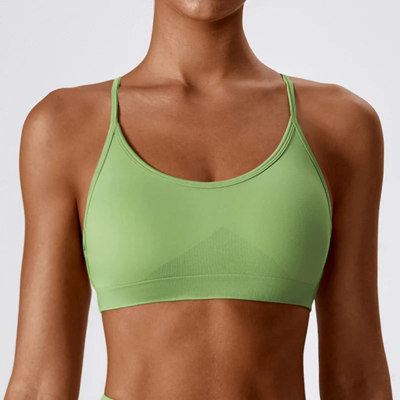 Nylon knit seamless backless strappy padded sports bra crop tank top women's - product image