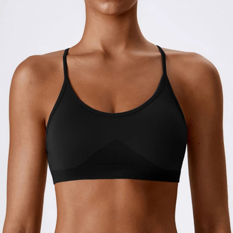 Nylon knit seamless backless strappy padded sports bra crop tank top women's - product image