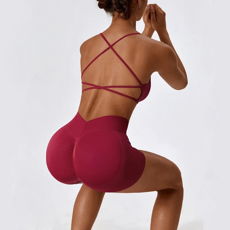 Nylon knit seamless backless strappy padded sports bra crop tank top women's - product image
