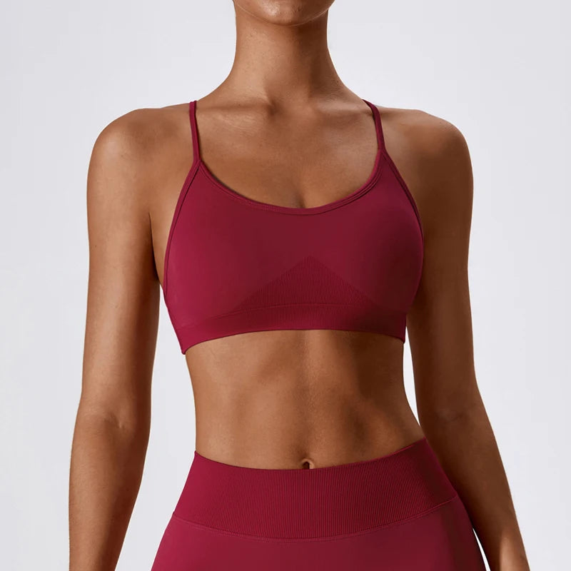 Nylon knit seamless backless strappy padded sports bra crop tank top women's - product image