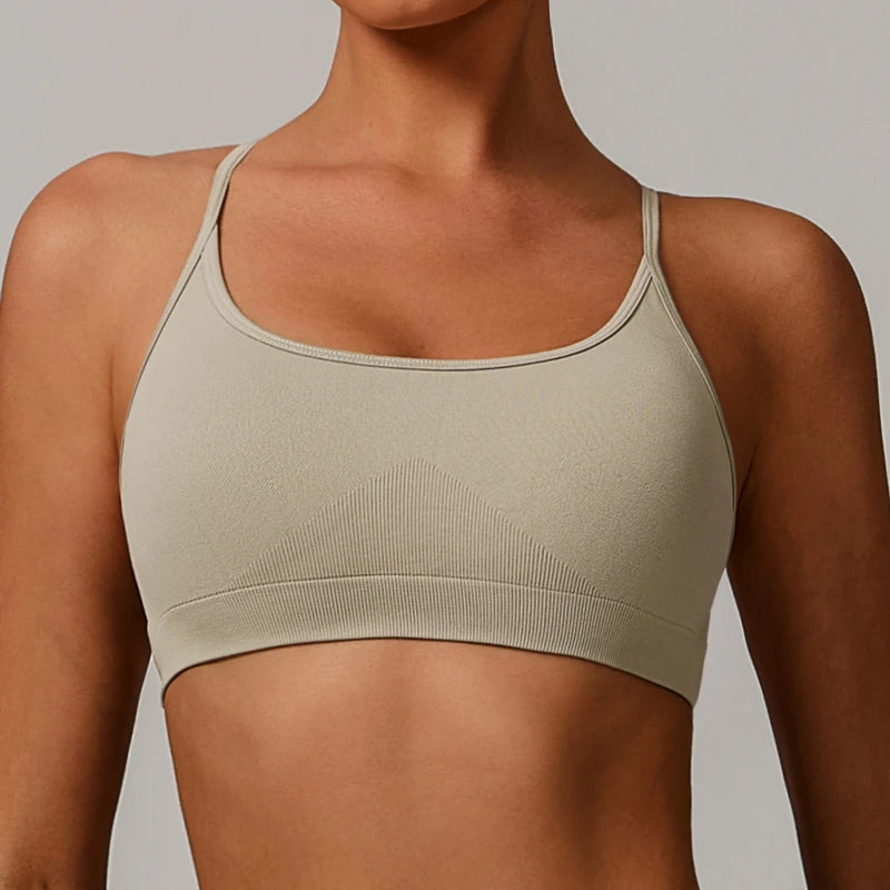 Nylon knit seamless backless strappy padded sports bra crop tank top women's - product image