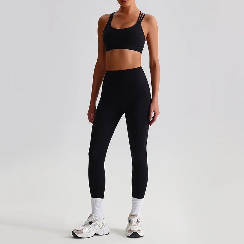 Nylon knit women's 2piece cross back sports bra and high waist leggings set - product image