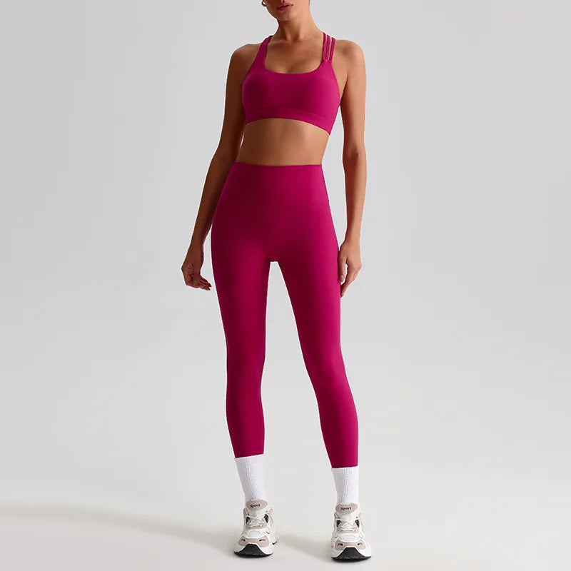 Nylon knit women's 2piece cross back sports bra and high waist leggings set - product image