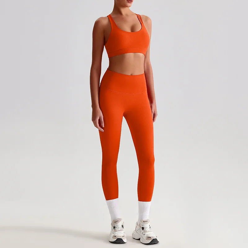 Nylon knit women's 2piece cross back sports bra and high waist leggings set - product image