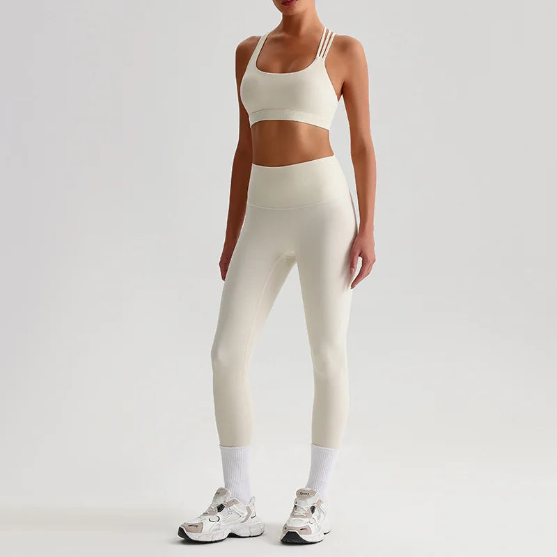 Nylon knit women's 2piece cross back sports bra and high waist leggings set - product image