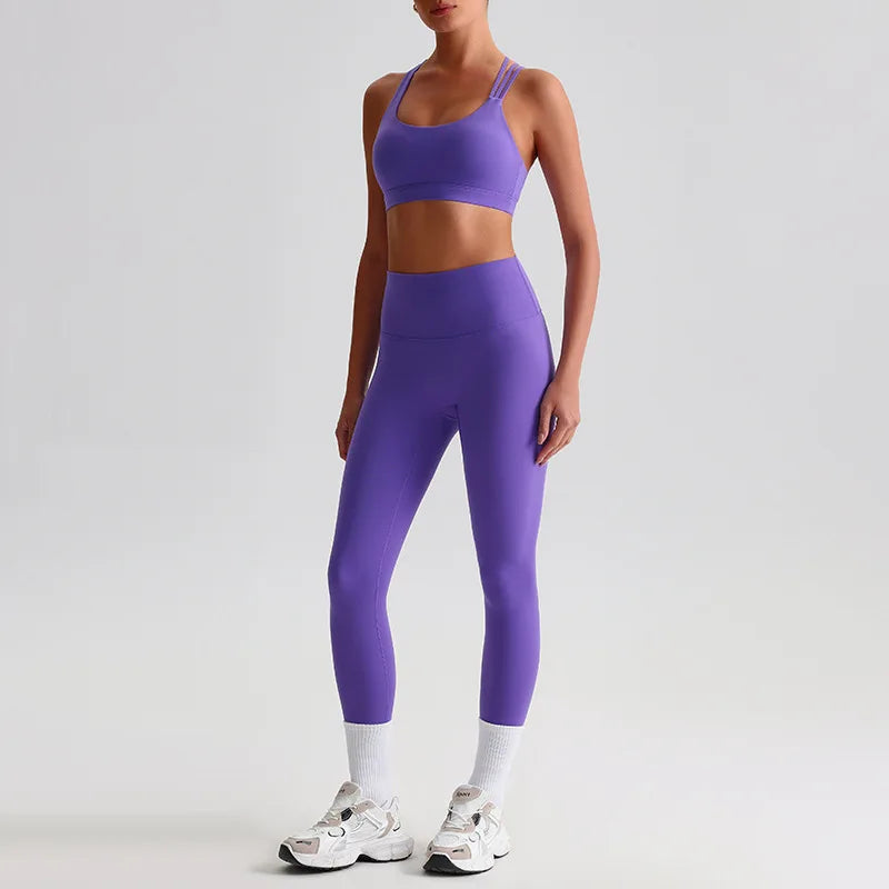 Nylon knit women's 2piece cross back sports bra and high waist leggings set - product image