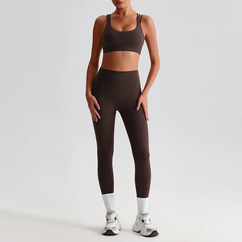 Nylon knit women's 2piece cross back sports bra and high waist leggings set - product image
