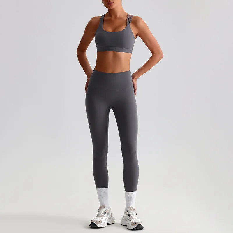 Nylon knit women's 2piece cross back sports bra and high waist leggings set - product image