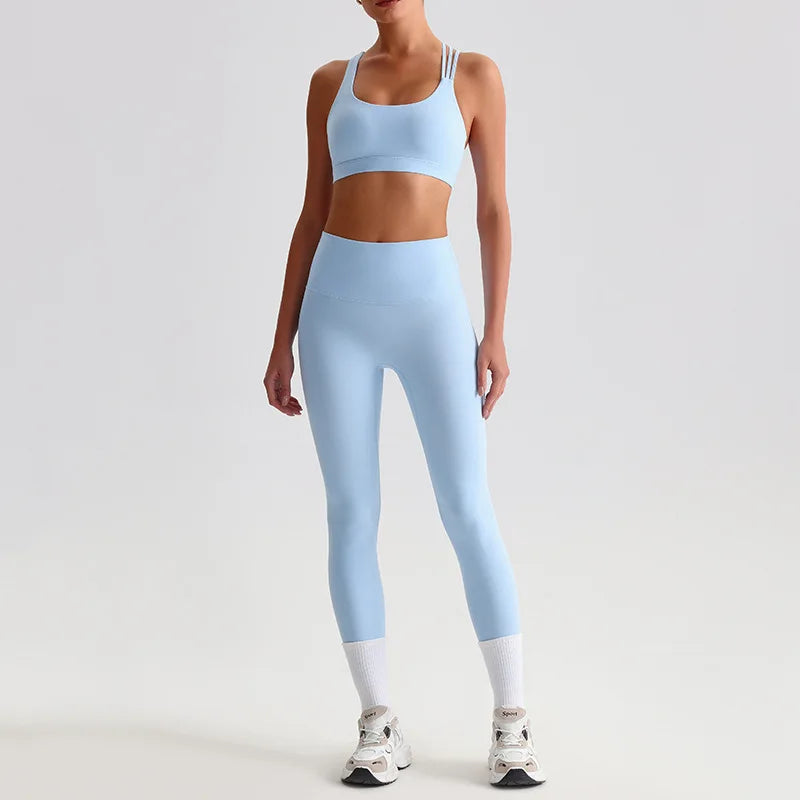 Nylon knit women's 2piece cross back sports bra and high waist leggings set - product image