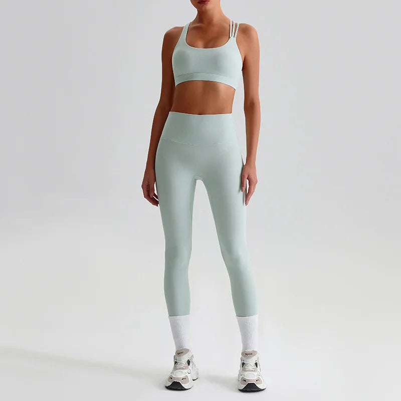 Nylon knit women's 2piece cross back sports bra and high waist leggings set - product image