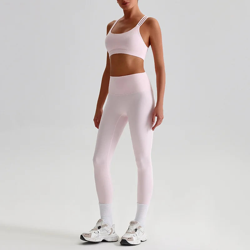 Nylon knit women's 2piece cross back sports bra and high waist leggings set - product image