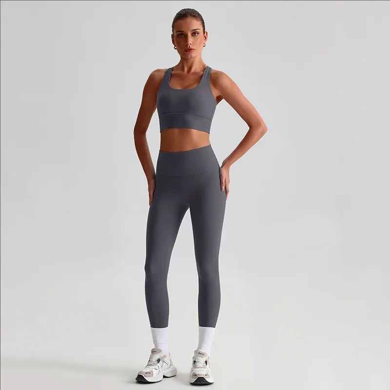 Nylon knit women's 2piece yoga set strappy sports bra gym outfit - product image