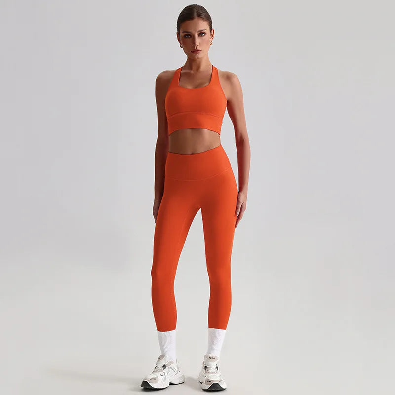 Nylon knit women's 2piece yoga set strappy sports bra gym outfit - product image