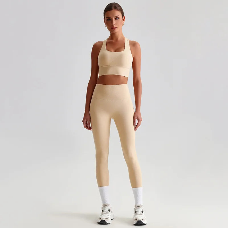 Nylon knit women's 2piece yoga set strappy sports bra gym outfit - product image