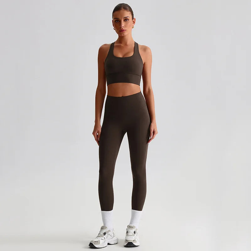 Nylon knit women's 2piece yoga set strappy sports bra gym outfit - product image