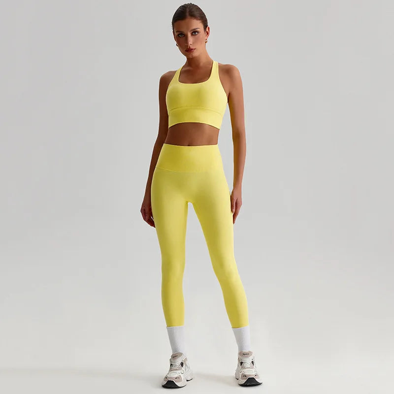 Nylon knit women's 2piece yoga set strappy sports bra gym outfit - product image