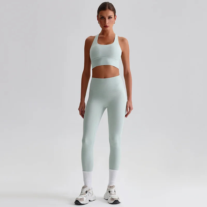 Nylon knit women's 2piece yoga set strappy sports bra gym outfit - product image