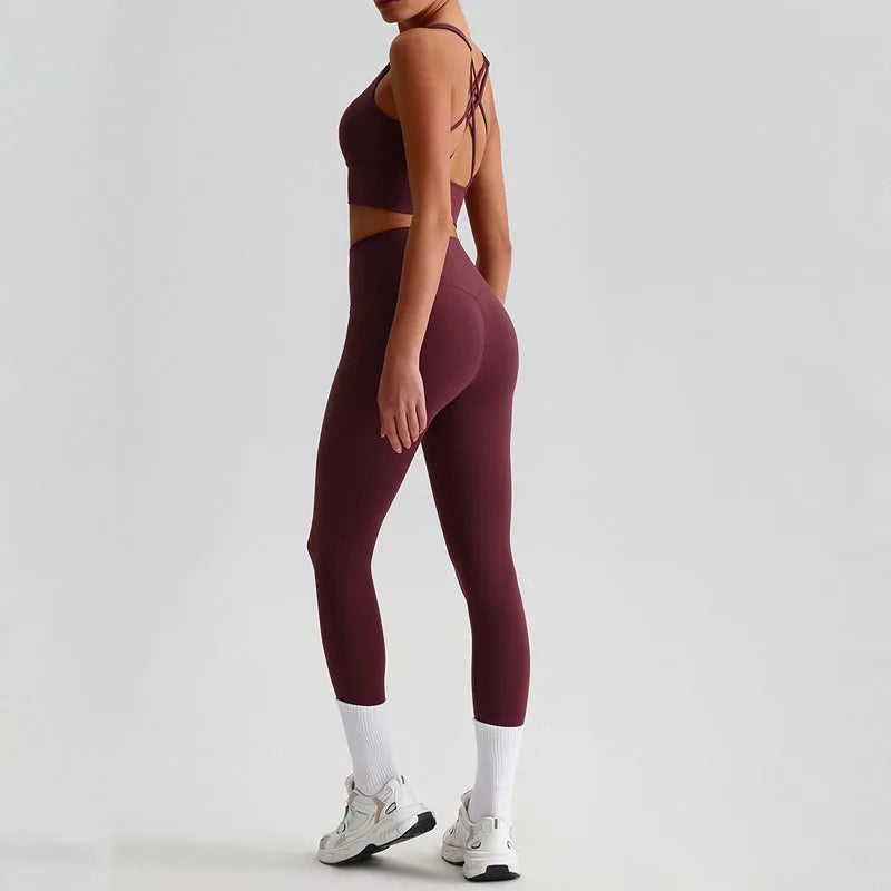 Nylon knit women's 2piece yoga set strappy sports bra gym outfit - product image