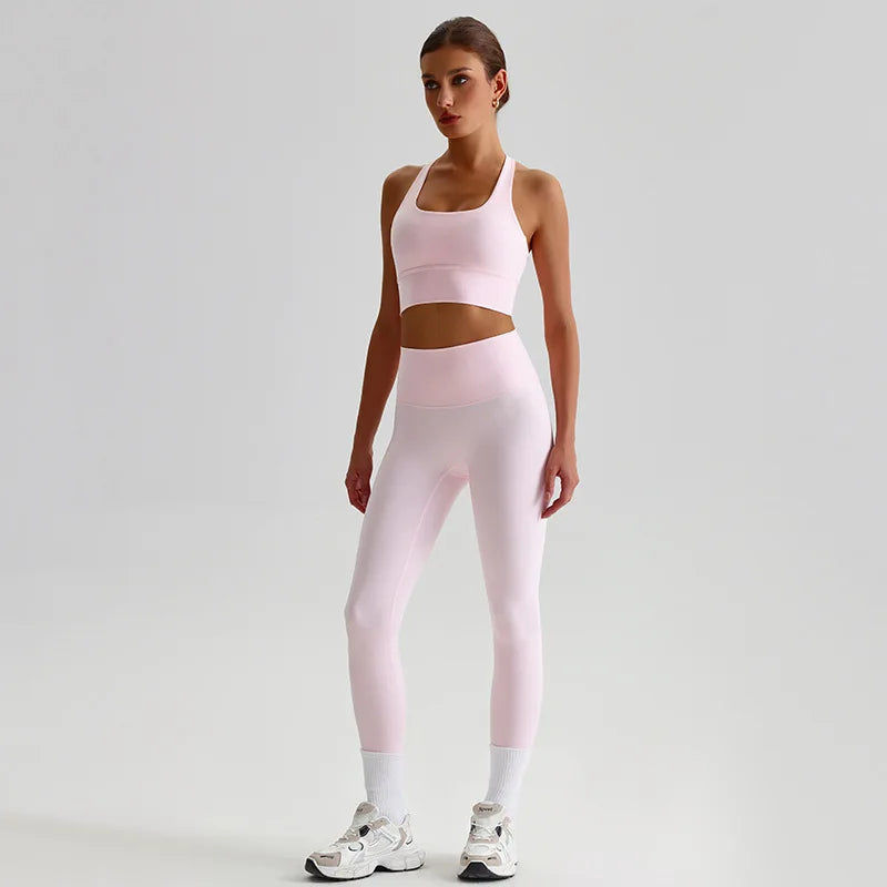 Nylon knit women's 2piece yoga set strappy sports bra gym outfit - product image