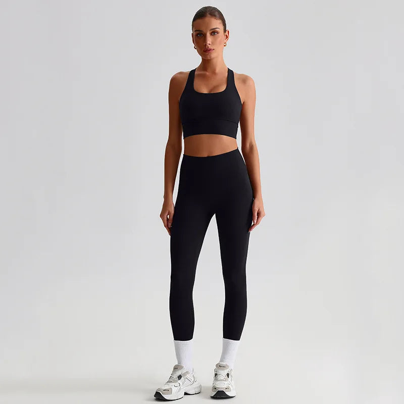 Nylon knit women's 2piece yoga set strappy sports bra gym outfit - product image