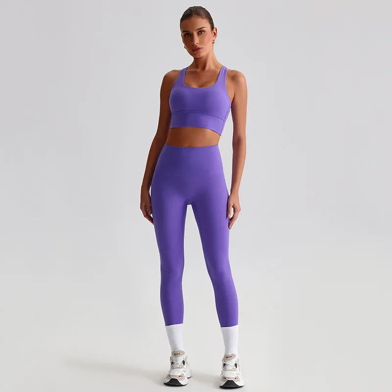 Nylon knit women's 2piece yoga set strappy sports bra gym outfit - product image