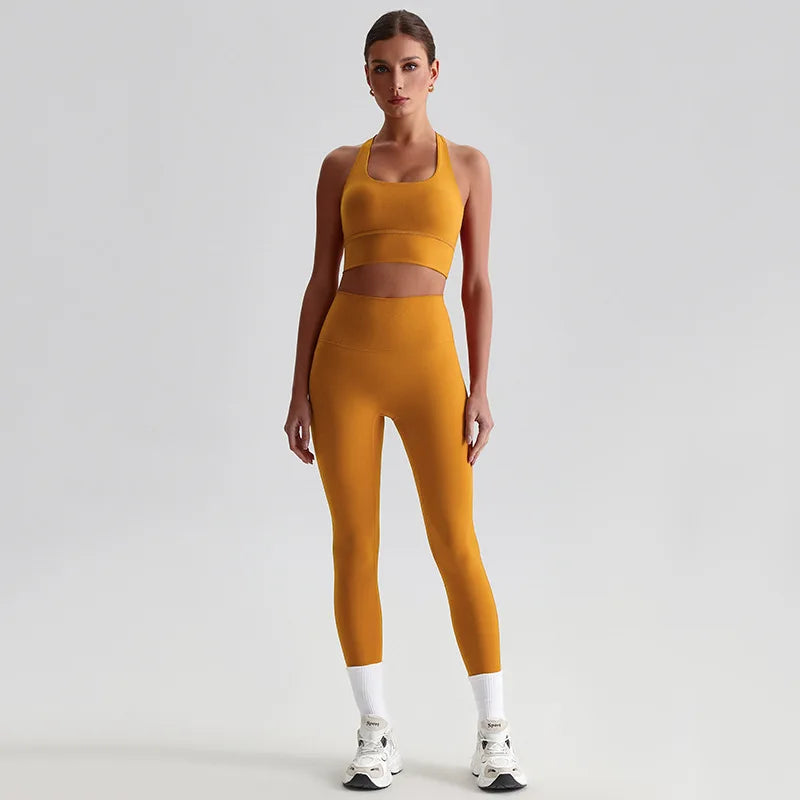 Nylon knit women's 2piece yoga set strappy sports bra gym outfit - product image