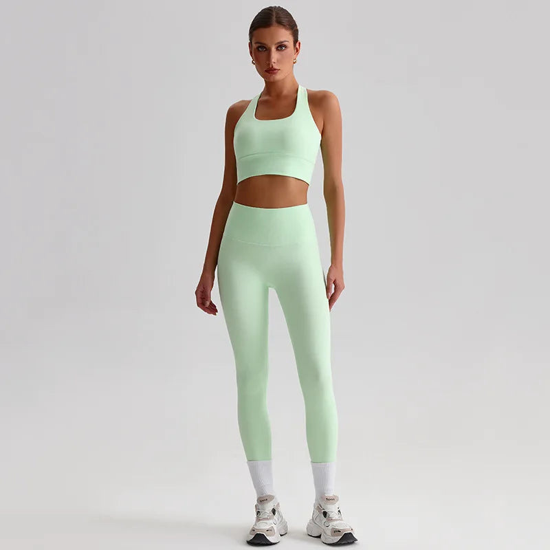 Nylon knit women's 2piece yoga set strappy sports bra gym outfit - product image