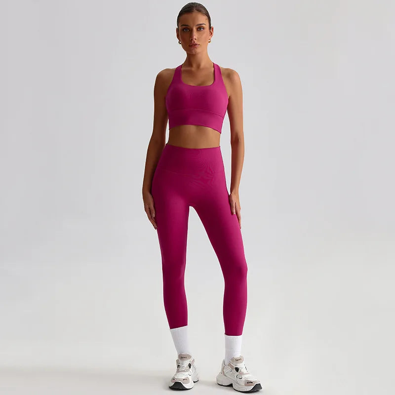 Nylon knit women's 2piece yoga set strappy sports bra gym outfit - product image