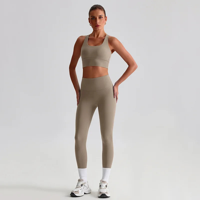 Nylon knit women's 2piece yoga set strappy sports bra gym outfit - product image