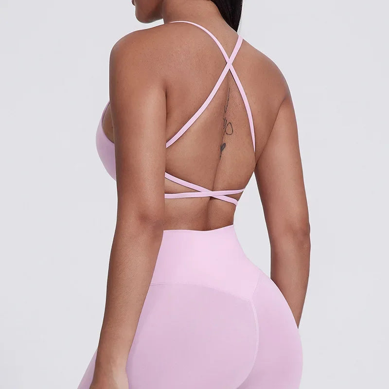 Nylon knit women's chest pad slim back cross sports halter vest fitness underwear - product image