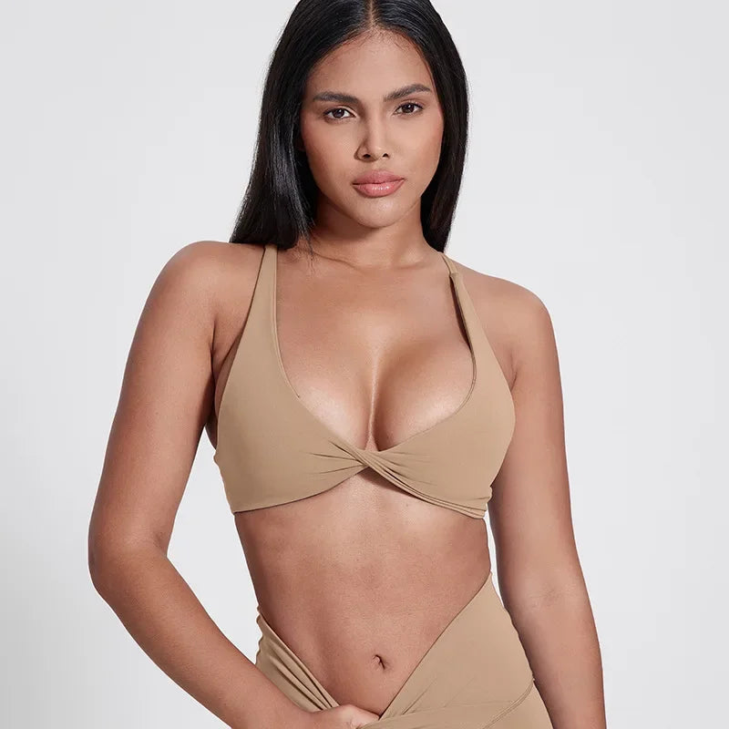 Nylon knit women's chest pad slim back cross sports halter vest fitness underwear - product image