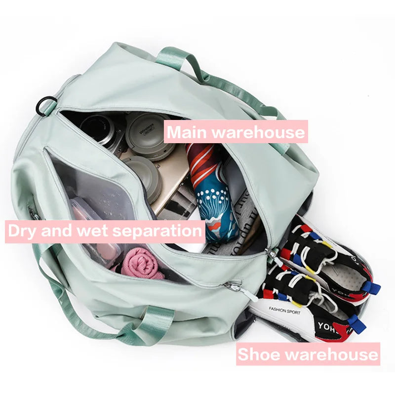Nylon lightweight waterproof multifunctional dry wet shoulder bag with independent shoe compartment - product image