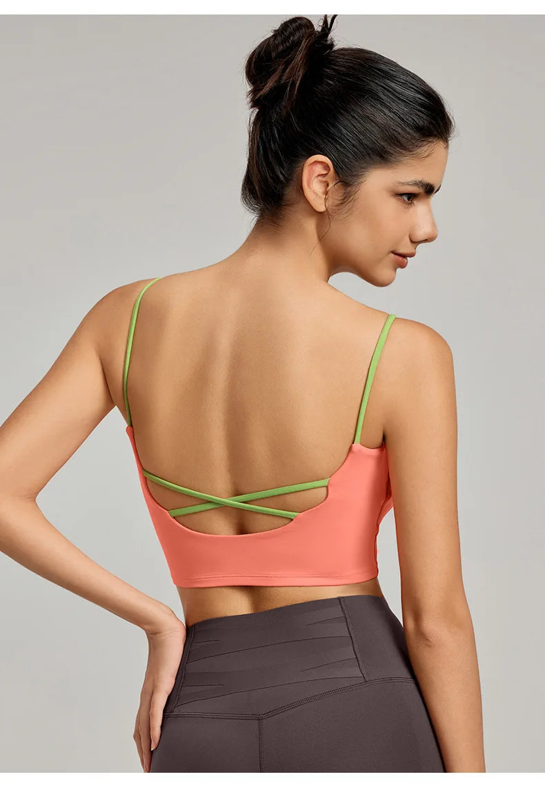 Nylon non-woven chest pad contrast color beautiful back strap yoga sports bra women's - product image