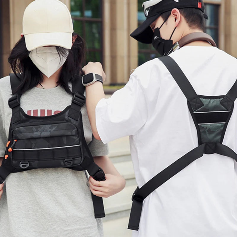 Nylon softback lightweight outdoor chest vest bag with reflective design and multiple pockets - product image