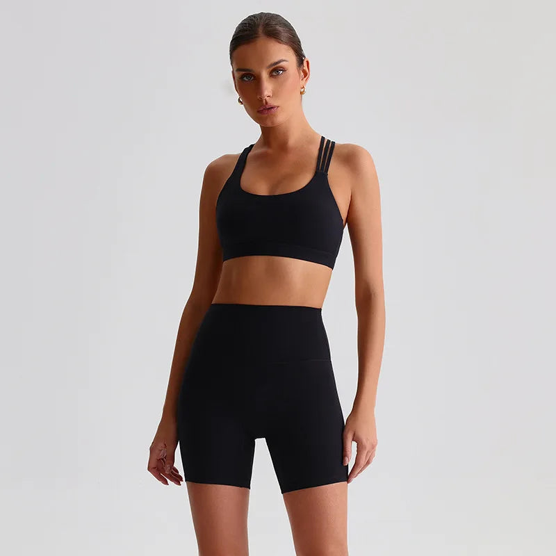 Nylon spandex knit high waist 2pcs gym fitness set women's biker shorts workout - product image