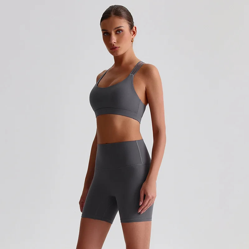 Nylon spandex knit high waist 2pcs gym fitness set women's biker shorts workout - product image