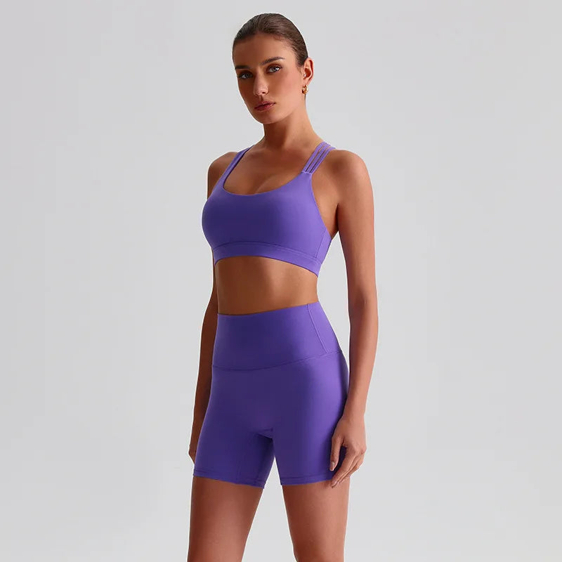 Nylon spandex knit high waist 2pcs gym fitness set women's biker shorts workout - product image
